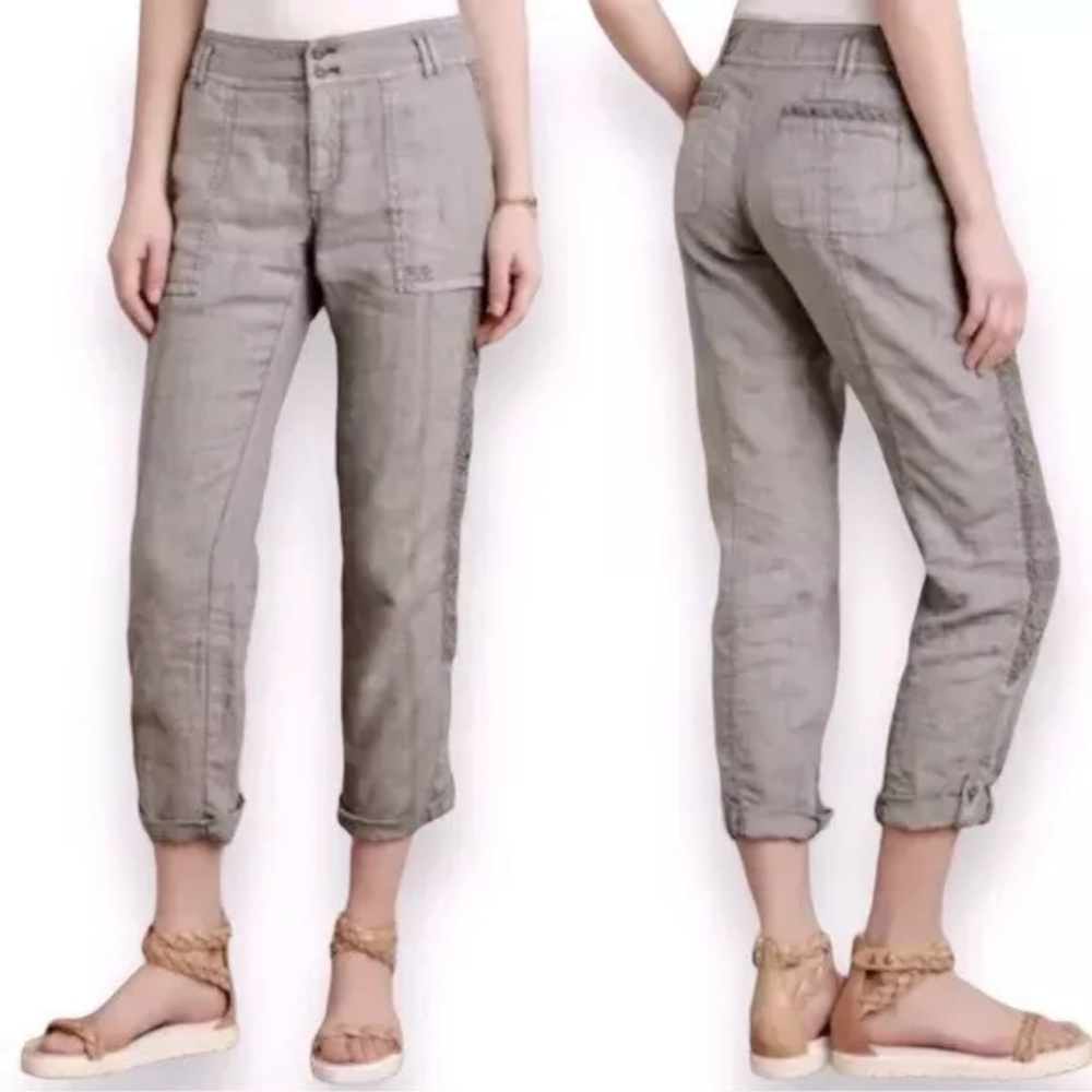 Anthropologie Hei Hei Marlena Linen Pants Roll Up Crochet Trim Gray Size 26